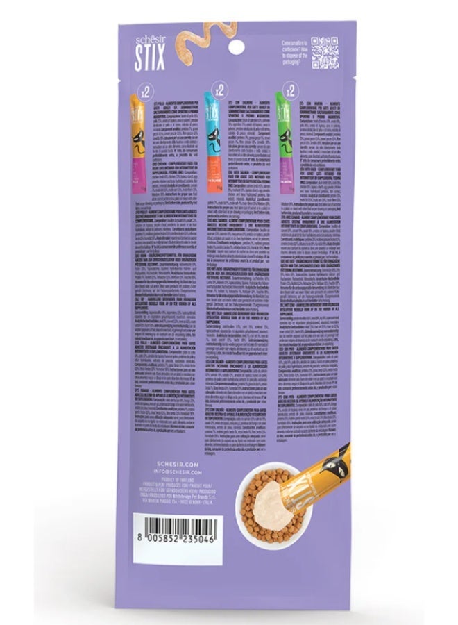 شيسر شيزر (Schesir) ستيكس مكافآت كريمية للقطط عبوة متنوعة – سناك سائل خالي من الحبوب للقطط البالغة – 3 نكهات: دجاج، سلمون، وبط – 90 جم (6 قطع × 15 جم) - Image 2